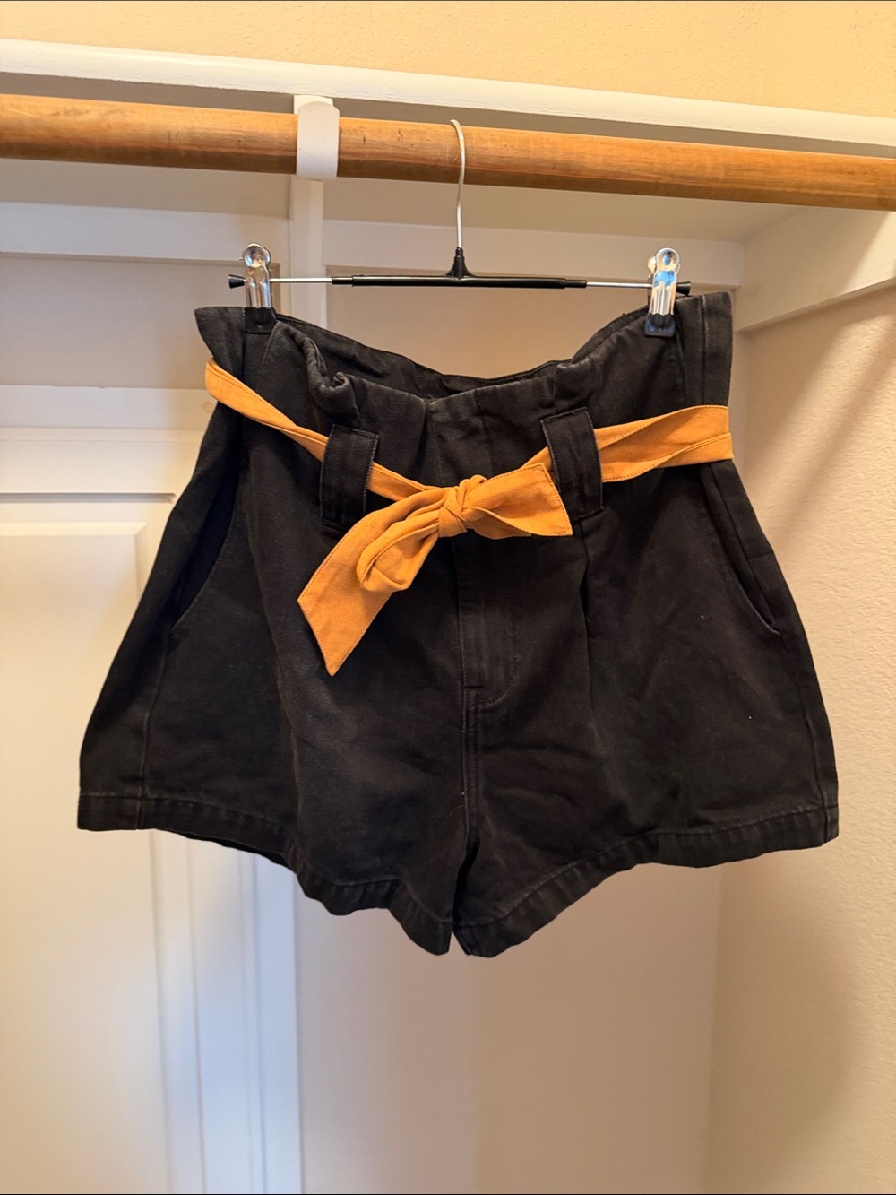 Pistola High-Waist Black Paperbag Shorts with Mustard Tie Belt